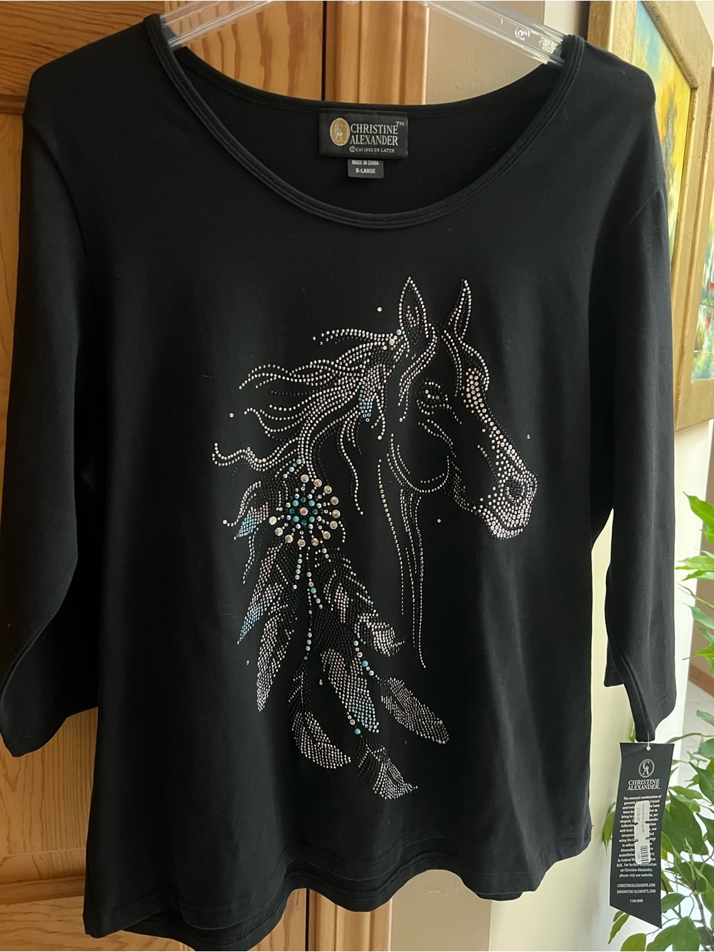 Christine Alexander Black Women’s Top Rhinestone Accent Outline of Horse Face XL